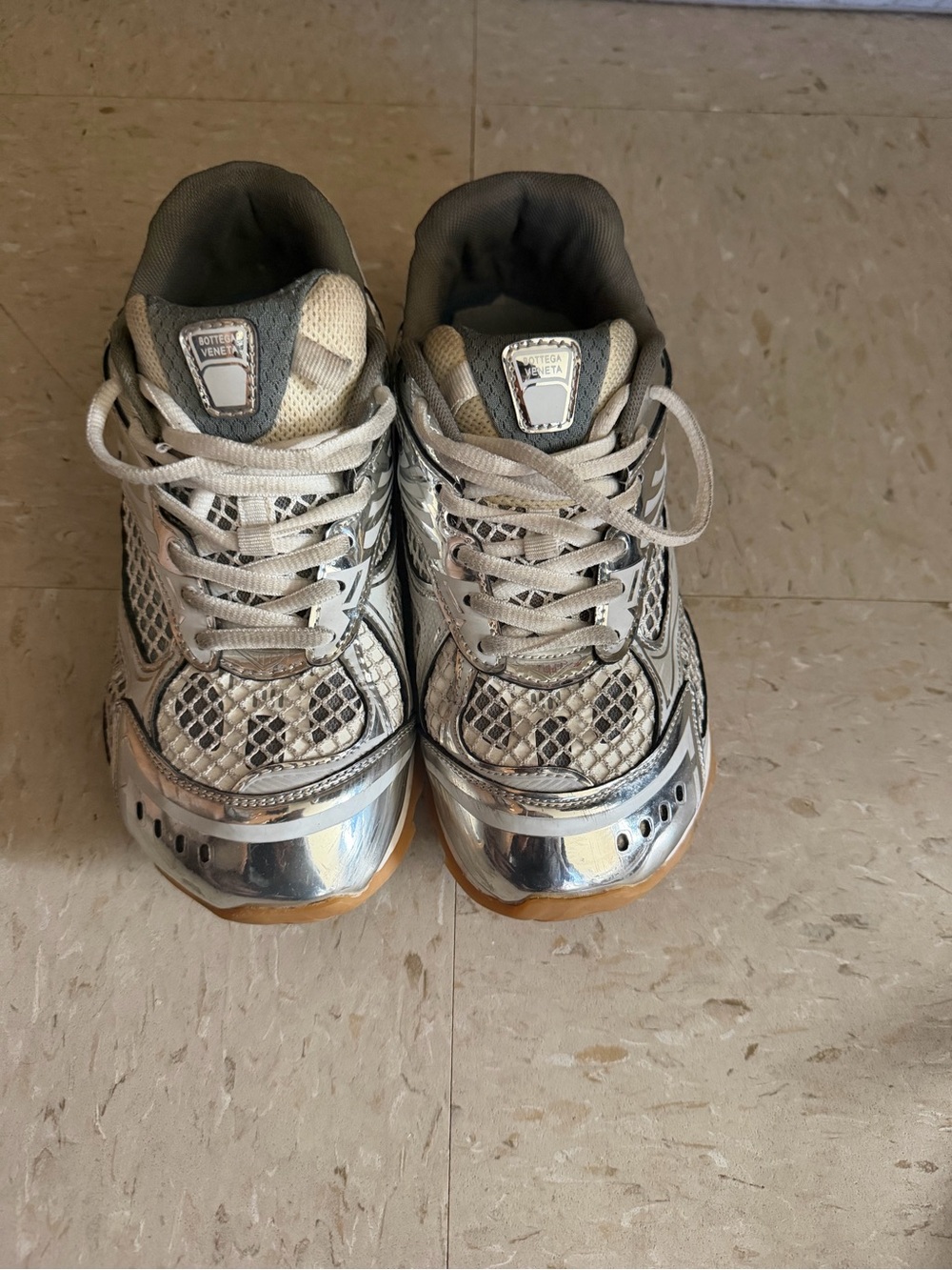 Bottega Veneta Silver and White Snake-Print Sneakers